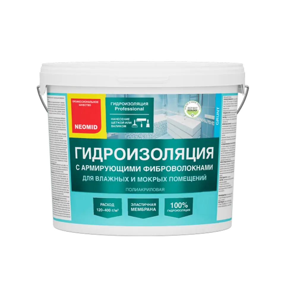 Фото Мастика гидроизоляционная с армирующими фиброволокнами Neomid 12кг Фото Мастика гидроизоляционная с армирующими фиброволокнами Neomid 12кг