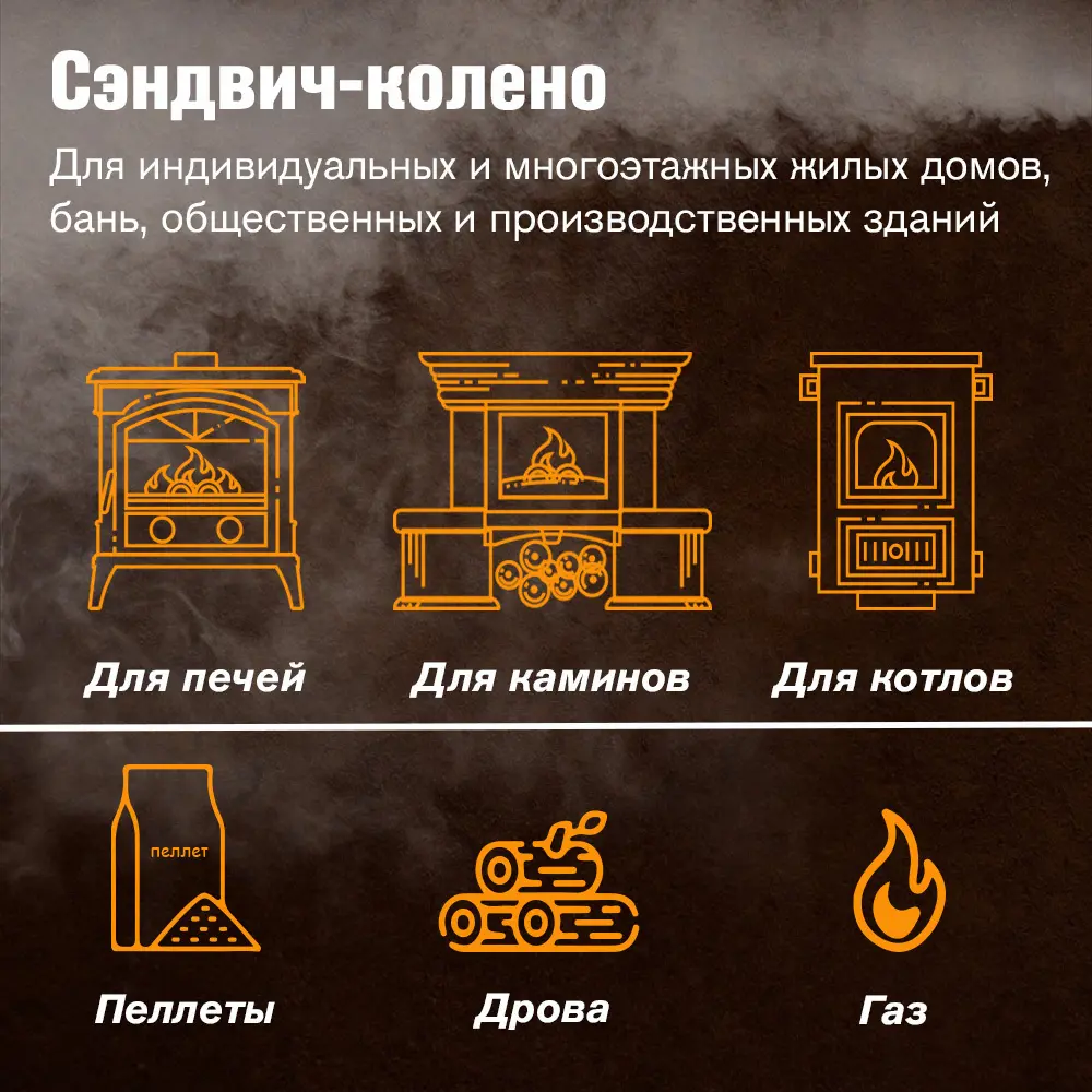 Фото 5 Сэндвич-колено 90° Везувий 3 секции ⌀120-180мм оцинкованная и нержавеющая сталь AISI 430 0.5мм Фото 5 Сэндвич-колено 90° Везувий 3 секции ⌀120-180мм оцинкованная и нержавеющая сталь AISI 430 0.5мм