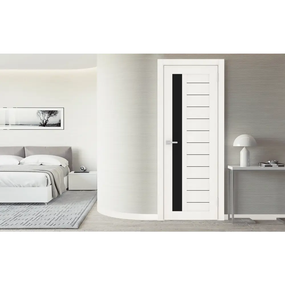 Фото 3 Комплект межкомнатной двери Лесма Стиль Рондо 30 200x80см пленка ПВХ отделка стеклом black star цвет белое дерево с коробом и наличниками Фото 3 Комплект межкомнатной двери Лесма Стиль Рондо 30 200x80см пленка ПВХ отделка стеклом black star цвет белое дерево с коробом и наличниками