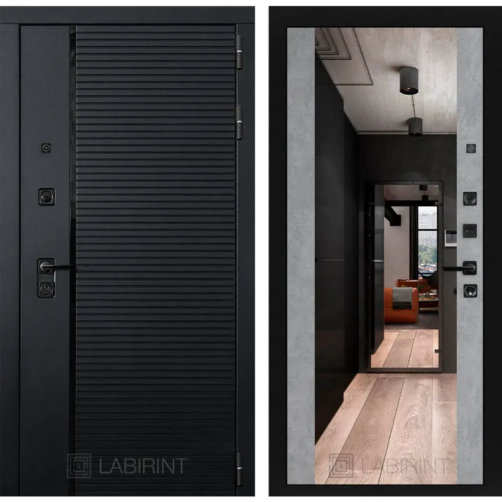 Фото Входная дверь Labirintdoors Пиано 205x88см правый цвет бетон светлый/черный кварц с зеркалом Фото Входная дверь Labirintdoors Пиано 205x88см правый цвет бетон светлый/черный кварц с зеркалом