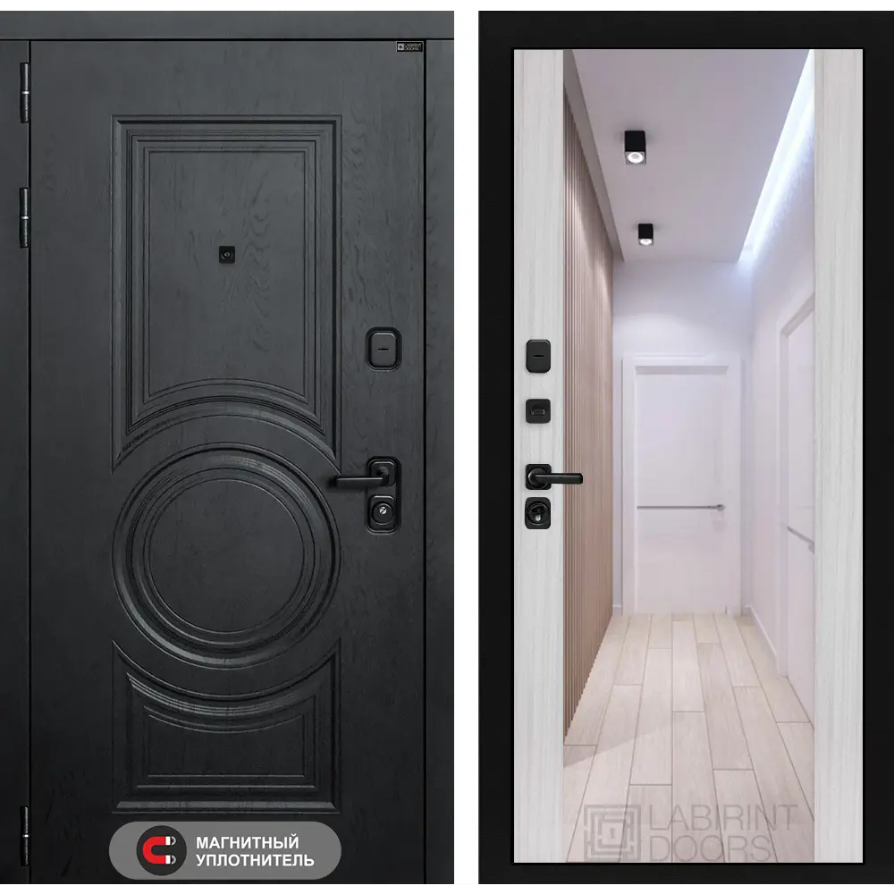 Фото Входная дверь Labirintdoors Гранд 205x96см левый цвет сандал белый/альберо блэк с зеркалом