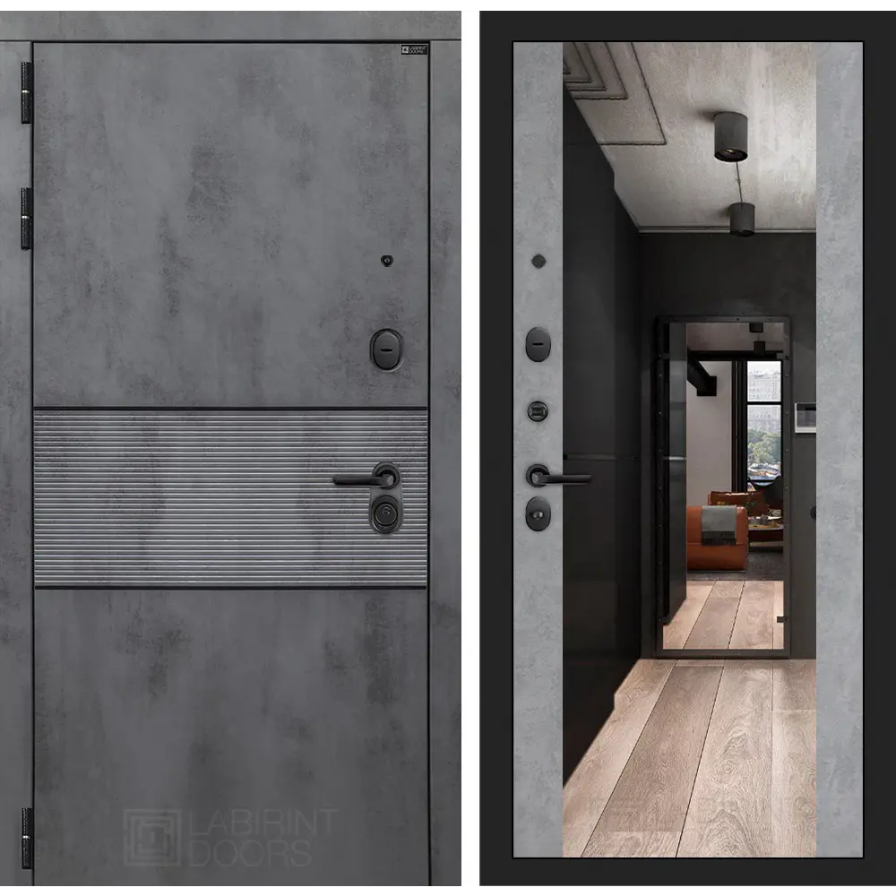 Фото Входная дверь Labirintdoors Инфинити 205x96см левый цвет бетон светлый/бетон темный с зеркалом