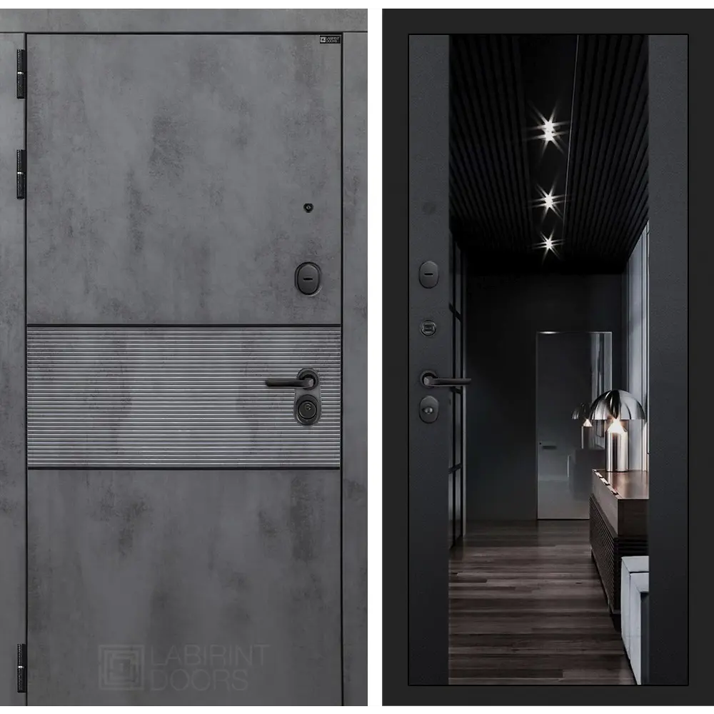 Фото Входная дверь Labirintdoors Инфинити 205x96см левый цвет черный кварц/бетон темный с зеркалом Фото Входная дверь Labirintdoors Инфинити 205x96см левый цвет черный кварц/бетон темный с зеркалом