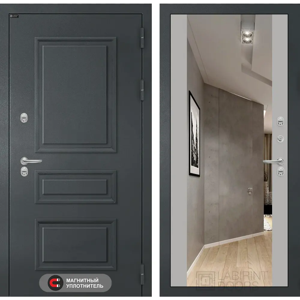 Фото Входная дверь Labirintdoors Атлантик 205x88см правый цвет грей софт/шагрень с зеркалом Фото Входная дверь Labirintdoors Атлантик 205x88см правый цвет грей софт/шагрень с зеркалом