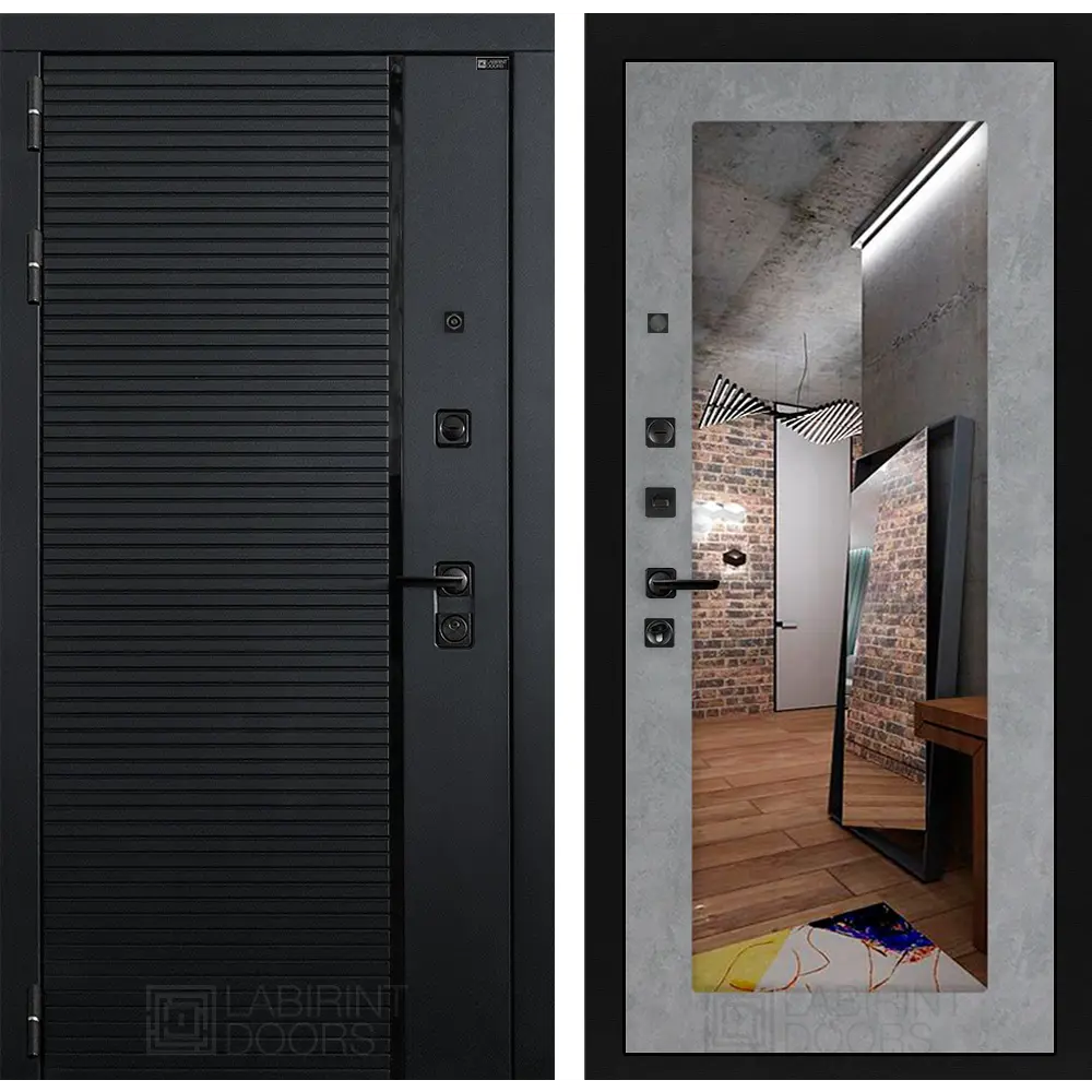 Фото Входная дверь Labirintdoors Пиано 205x88см левый цвет бетон светлый/черный кварц с зеркалом П18 Фото Входная дверь Labirintdoors Пиано 205x88см левый цвет бетон светлый/черный кварц с зеркалом П18