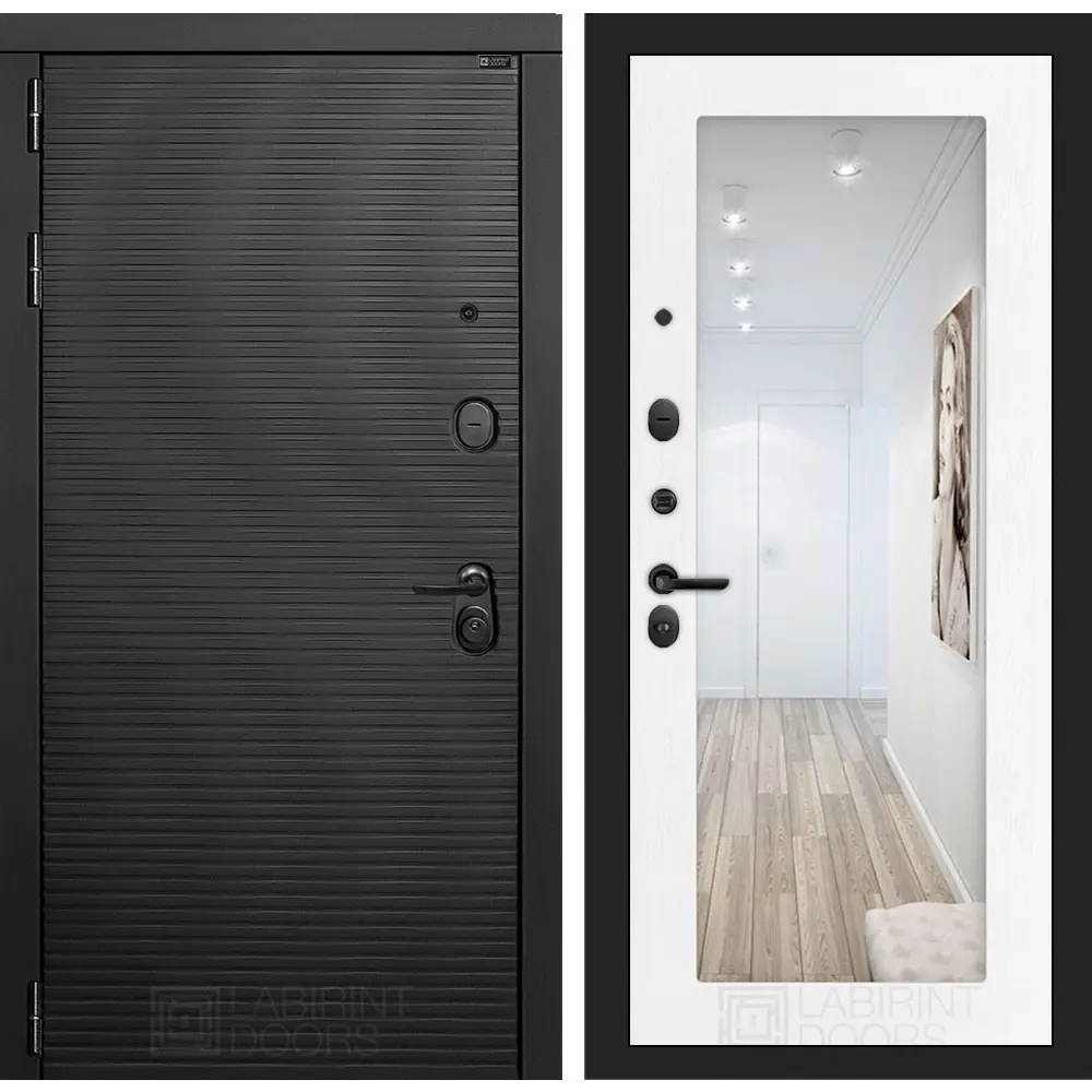 Фото Входная дверь Лабиринт Вулкано 205x88см левый цвет белое дерево/антрацит софт с зеркалом П18