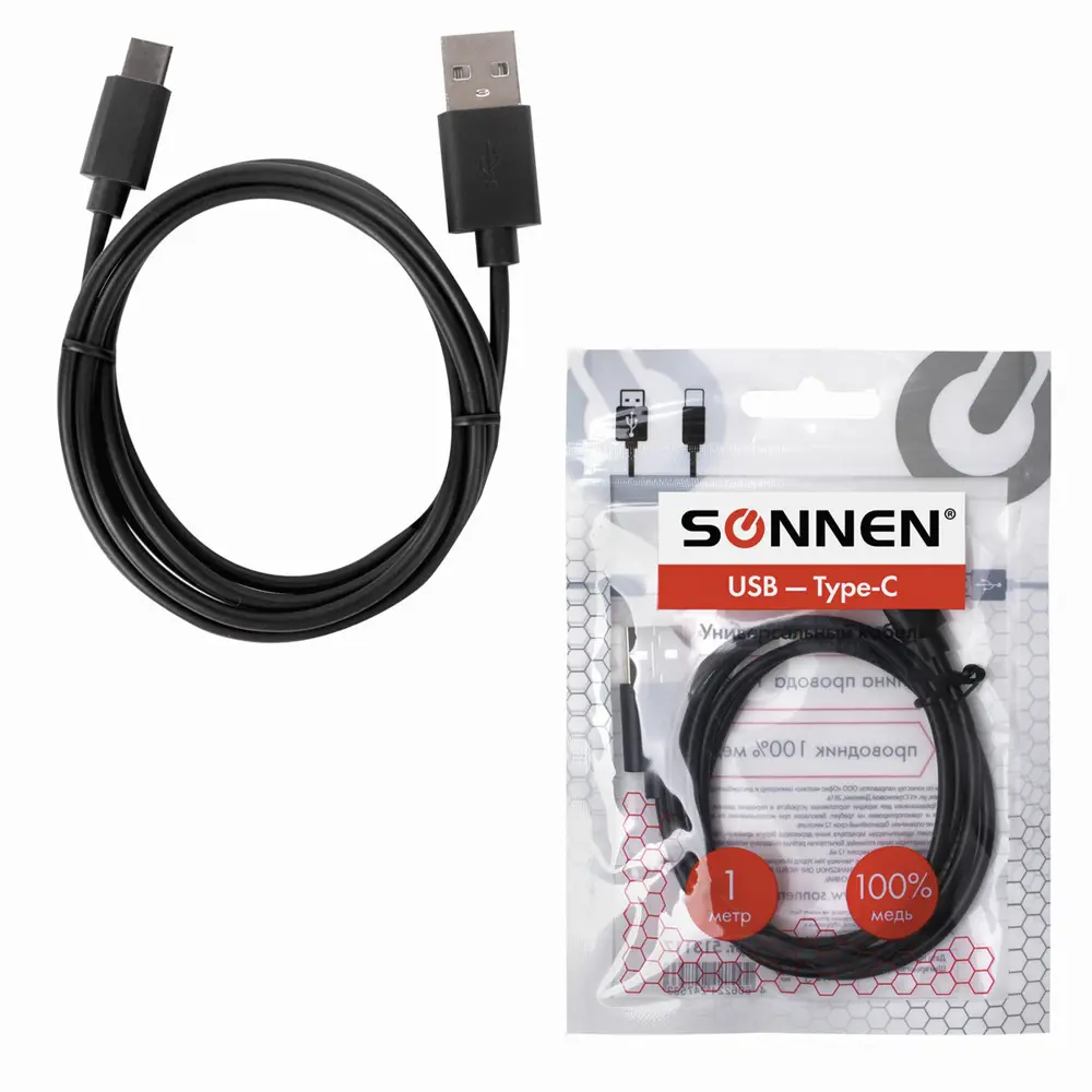 Фото 4 Кабель USB 2.0-Type-C Sonnen медь 1 м цвет черный Фото 4 Кабель USB 2.0-Type-C Sonnen медь 1 м цвет черный