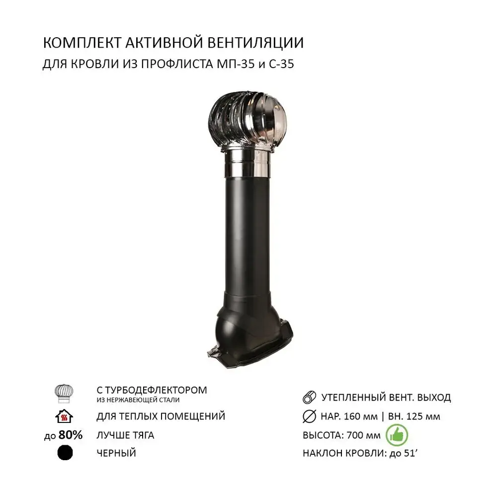Фото 2 Турбодефлектор Polivent TD160 НСТ утепленный Н700 для кровельного профнастила 35 мм цвет черный Фото 2 Турбодефлектор Polivent TD160 НСТ утепленный Н700 для кровельного профнастила 35 мм цвет черный