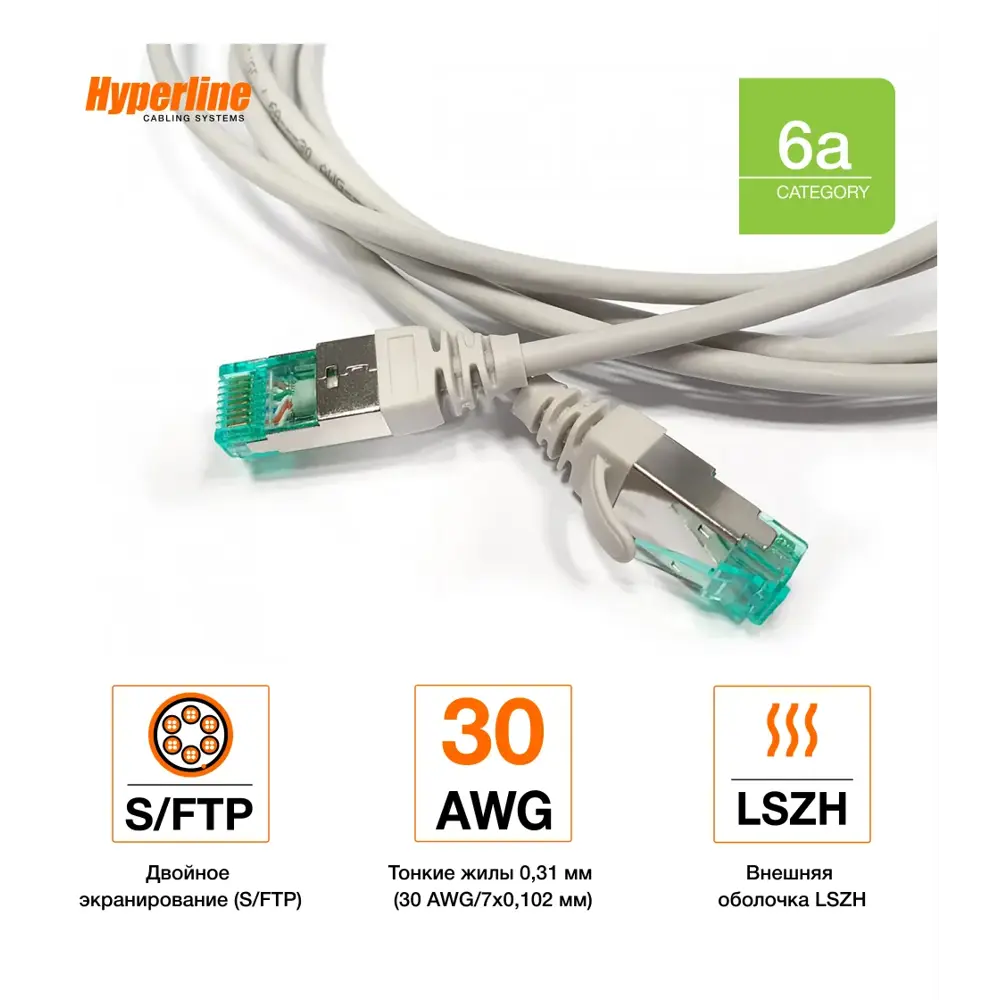 Фото 2 Патч-корд S/FTP Cat. 6a 30AWG LSZH 1.5 м Фото 2 Патч-корд S/FTP Cat. 6a 30AWG LSZH 1.5 м