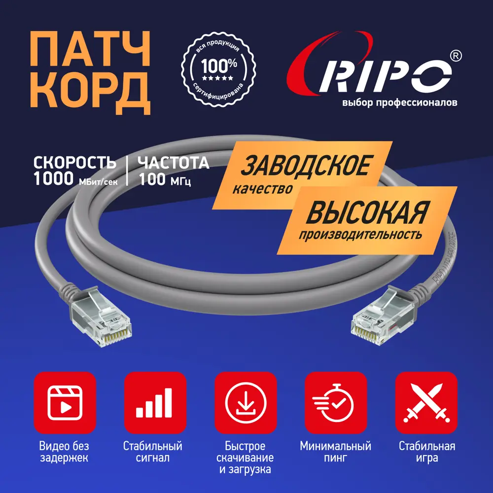 Фото Патч-корд Ripo UTP Cat 5E RJ45 3 м цвет серый Фото Патч-корд Ripo UTP Cat 5E RJ45 3 м цвет серый