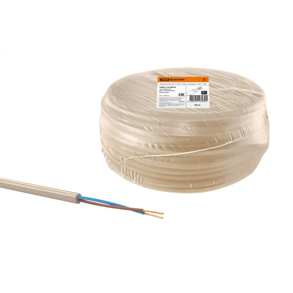 Фото Провод TDM Electric Эко ПВС 2x1.5 50 м ГОСТ цвет бежевый Фото Провод TDM Electric Эко ПВС 2x1.5 50 м ГОСТ цвет бежевый