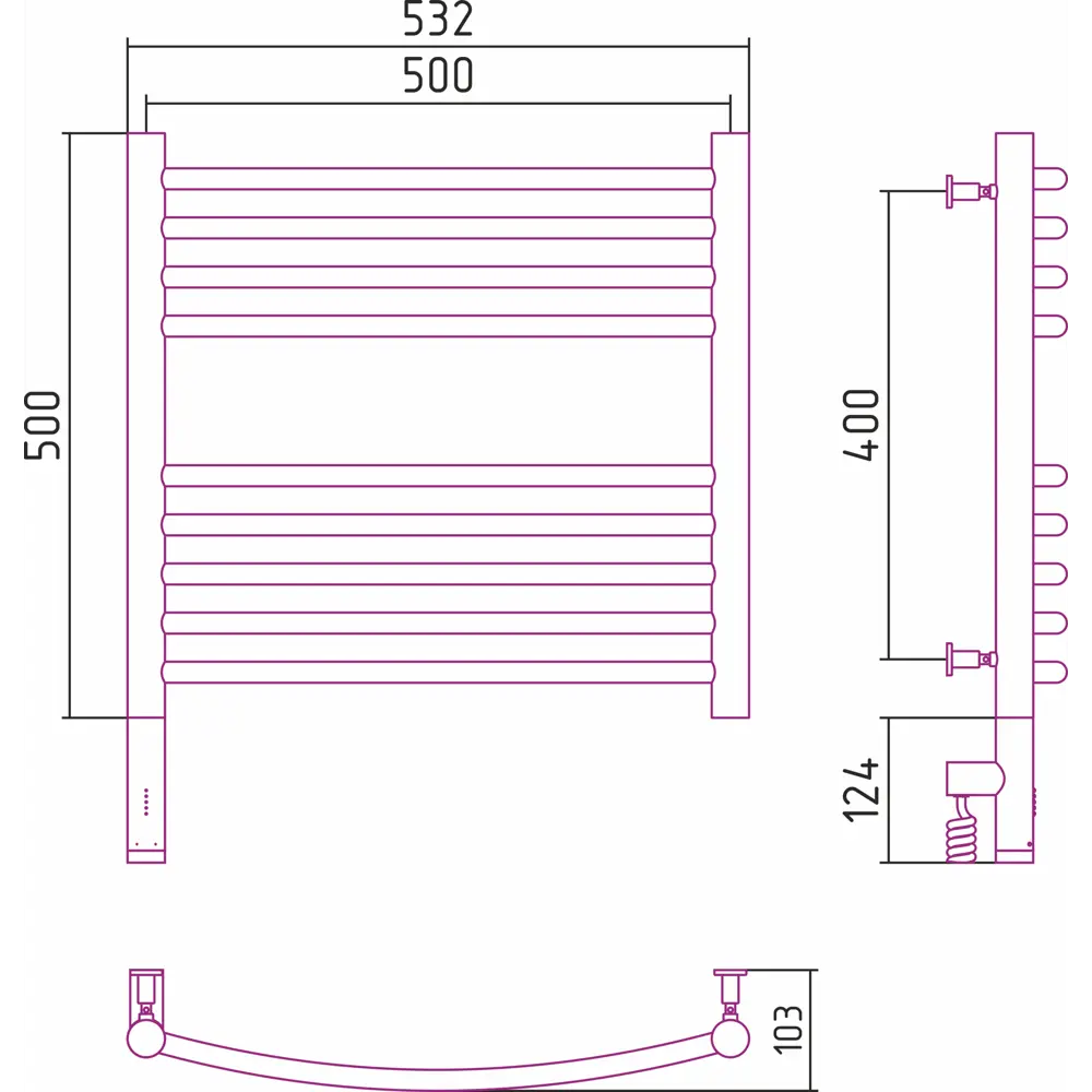 Фото 3 Полотенцесушитель электрический Сунержа Богема 3.0 выгнутая Л 500x500 мм 300 Вт с терморегулятором лесенка цвет тёмный титан муар Фото 3 Полотенцесушитель электрический Сунержа Богема 3.0 выгнутая Л 500x500 мм 300 Вт с терморегулятором лесенка цвет тёмный титан муар