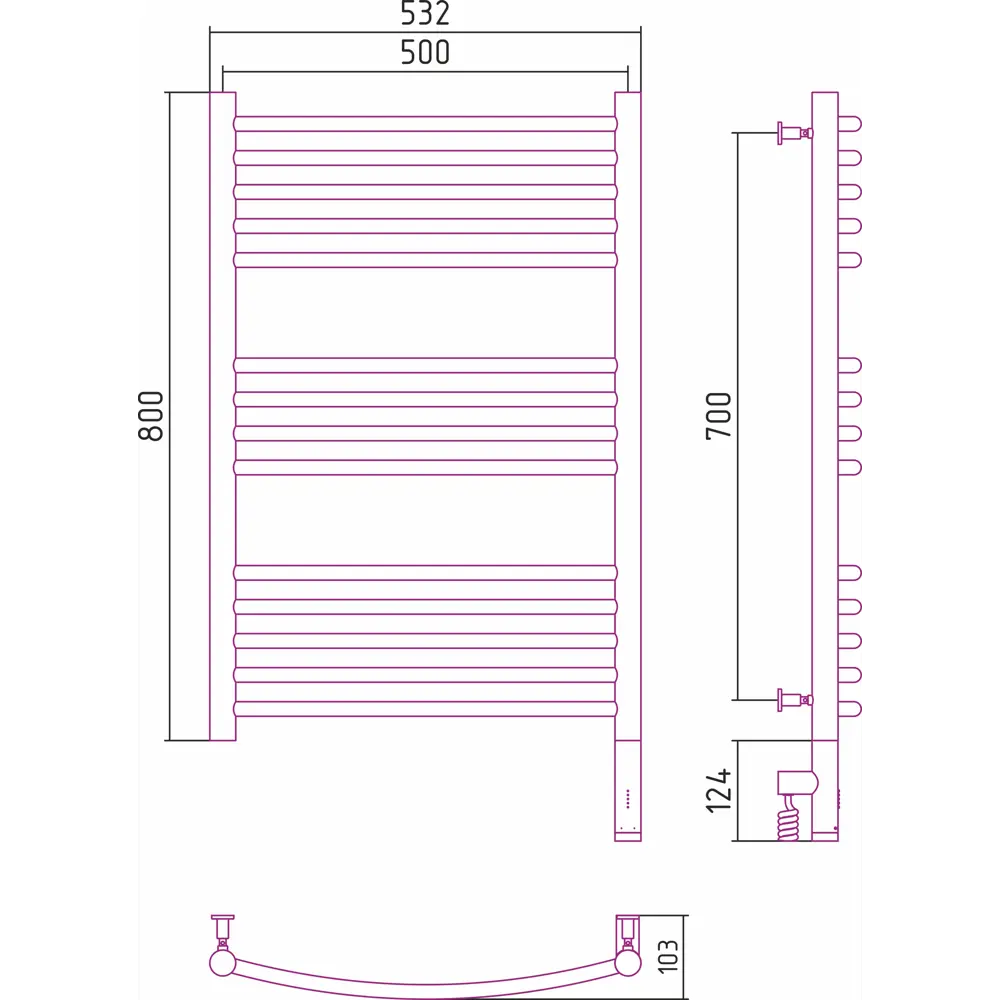 Фото 3 Полотенцесушитель электрический Сунержа Богема 3.0 выгнутая П 500x800 мм 300 Вт с терморегулятором лесенка цвет белый матовый