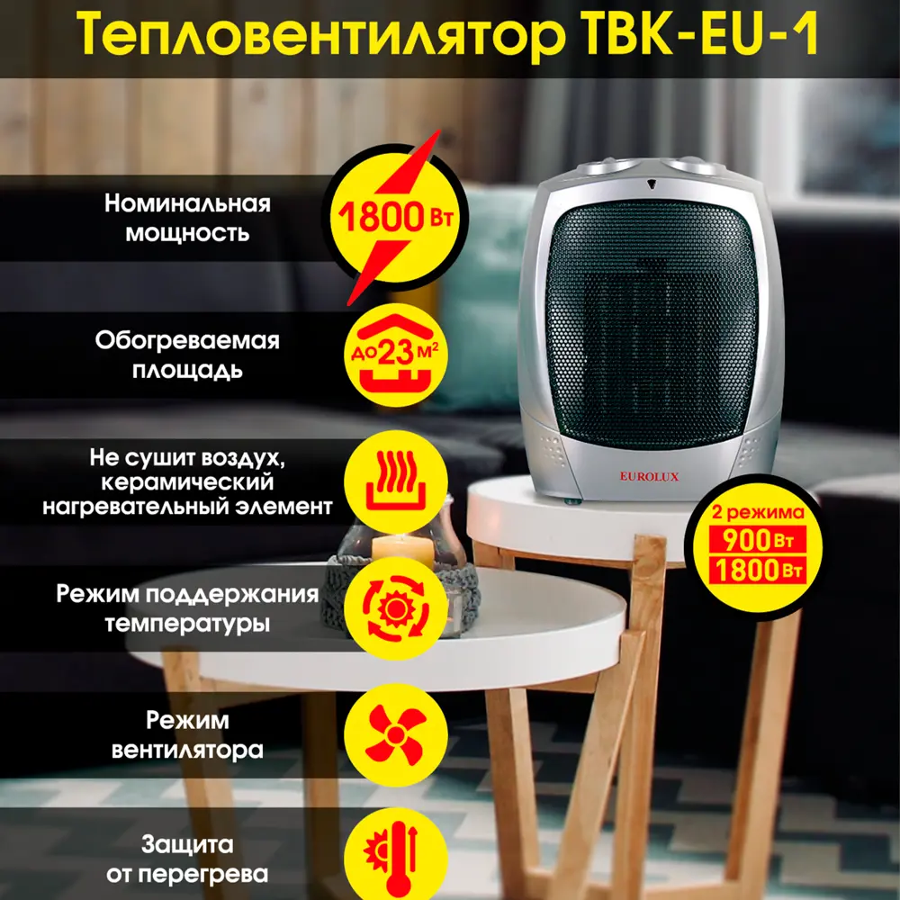 Фото Тепловентилятор керамический электрический Eurolux ТВК-EU-1 с механическим термостатом 1800 Вт Фото Тепловентилятор керамический электрический Eurolux ТВК-EU-1 с механическим термостатом 1800 Вт
