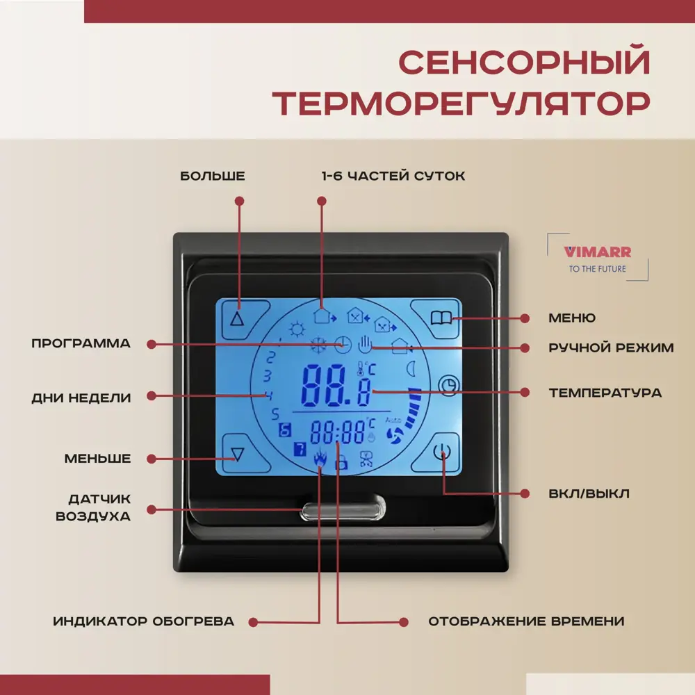 Фото 2 Нагревательный мат для теплого пола Vimarr L 540L1200KM8.0-M1-22 8 м² 1200 Вт с сенсорным терморегулятором цвет черный