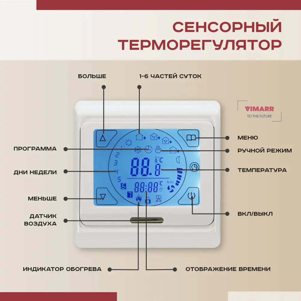 Фото 2 Нагревательный кабель для теплого пола Vimarr L 541L250KS14-220B-M1-21 14 м 252 Вт с белым программируемым сенсорным терморегулятором Фото 2 Нагревательный кабель для теплого пола Vimarr L 541L250KS14-220B-M1-21 14 м 252 Вт с белым программируемым сенсорным терморегулятором