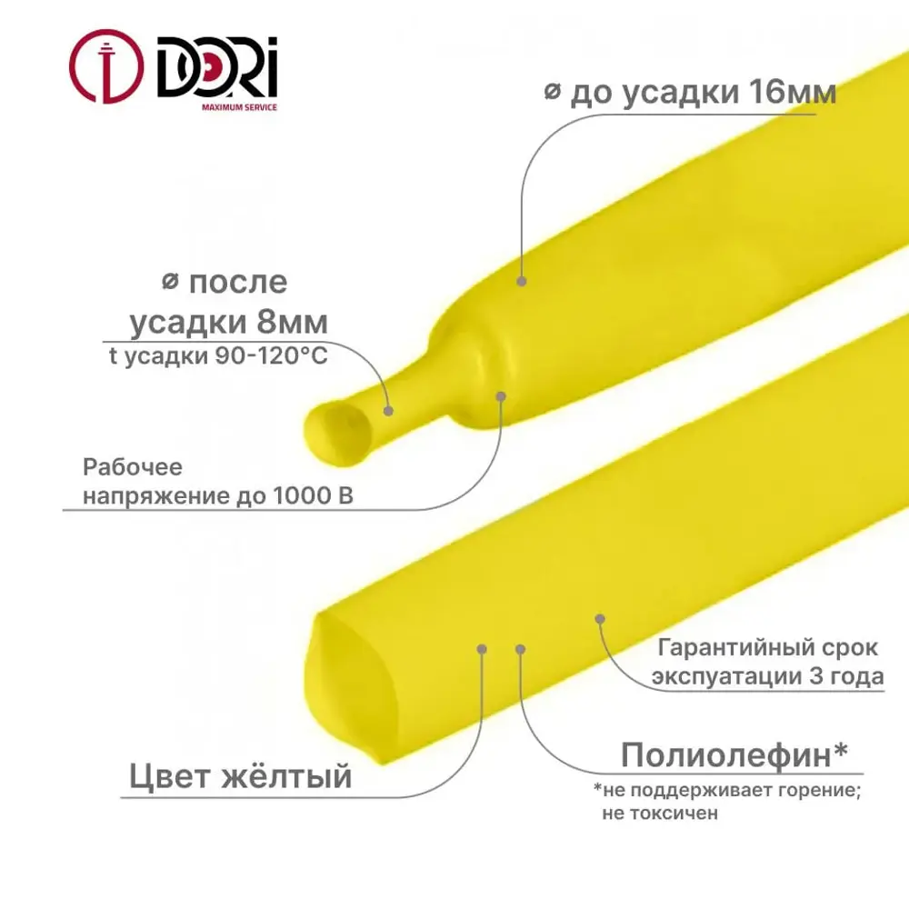 Фото 2 Термоусадочная трубка Dori ТУТ 1 2:1 16/8 3 м цвет жёлтый Фото 2 Термоусадочная трубка Dori ТУТ 1 2:1 16/8 3 м цвет жёлтый