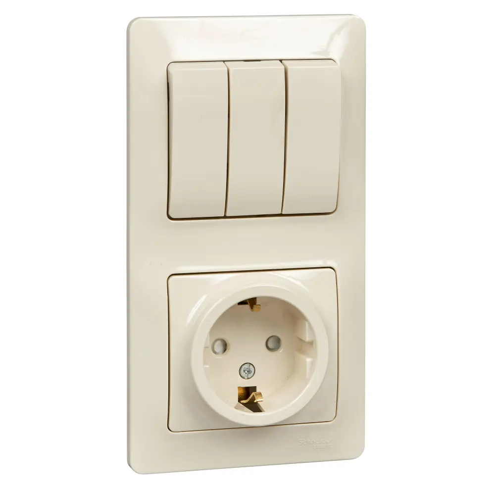 Фото Розетка с выключателем встраиваемые Systeme electric Glossa GSL000278 с заземлением и шторками 3 клавиши цвет бежевый