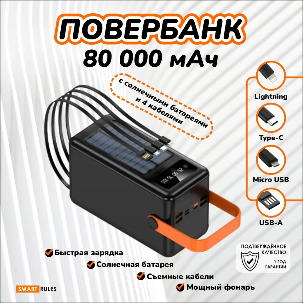 Фото Внешний аккумулятор SmartiNext 80000 мАч с солнечной батареей и кабелями цвет черный Фото Внешний аккумулятор SmartiNext 80000 мАч с солнечной батареей и кабелями цвет черный