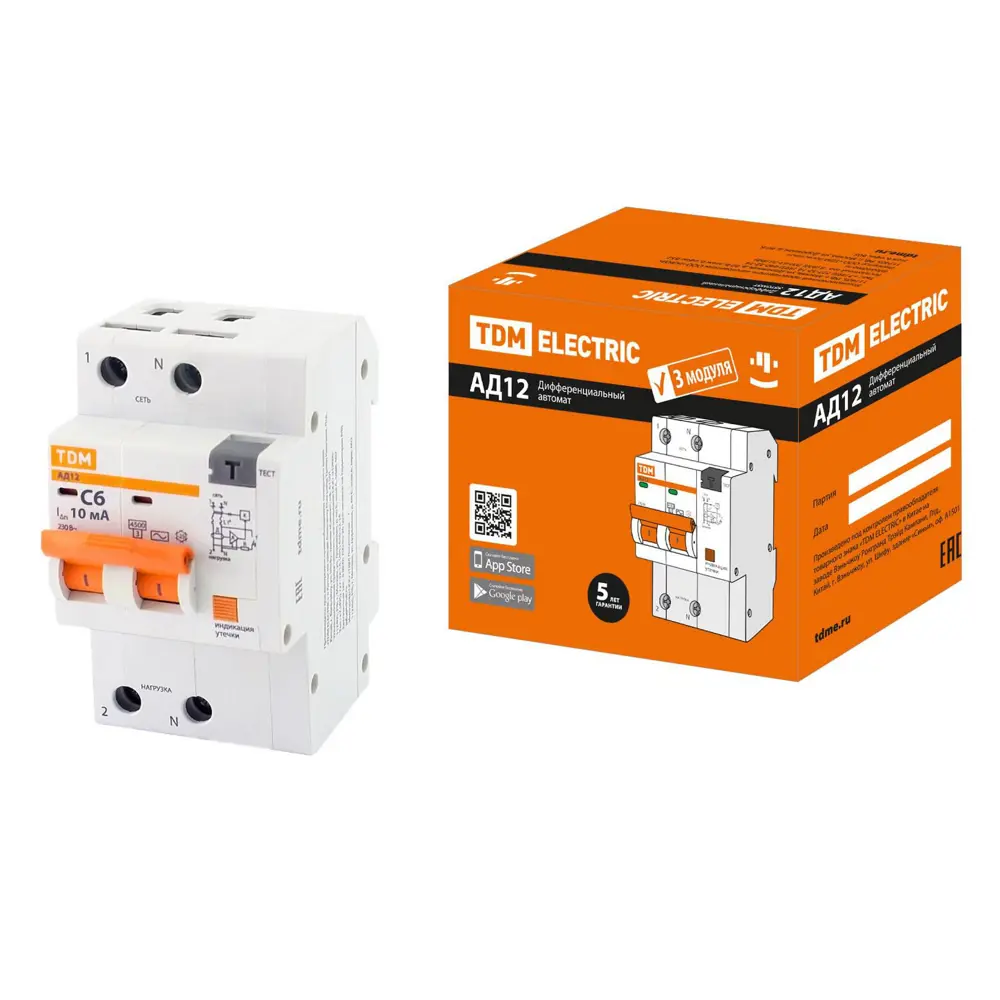 Фото Дифференциальный автомат Tdm Electric АД-12 2P C6 A 10 мА 4.5 кА AC SQ0204-0101 Фото Дифференциальный автомат Tdm Electric АД-12 2P C6 A 10 мА 4.5 кА AC SQ0204-0101