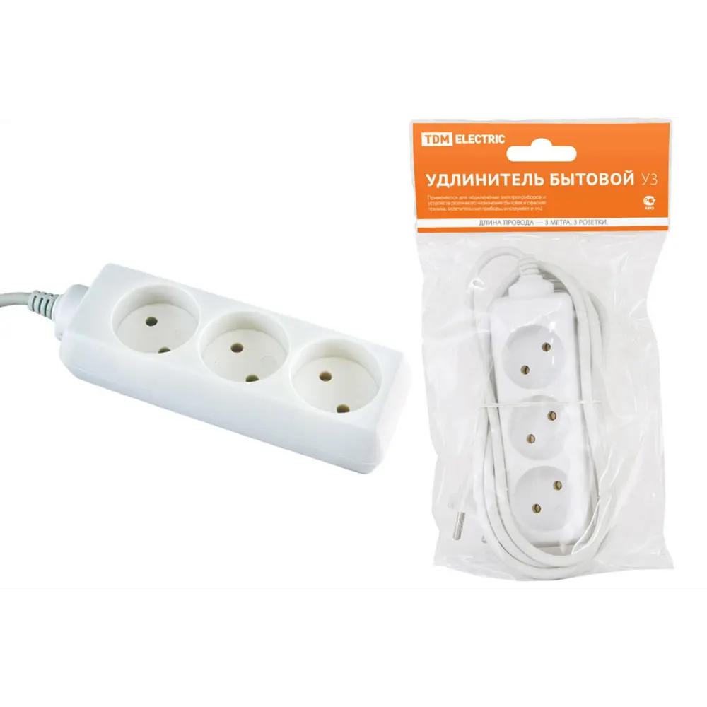 Фото Удлинитель бытовой TDM Electric SQ1303-0201 3 розетки без заземления 2x0.75 мм 3 м цвет белый