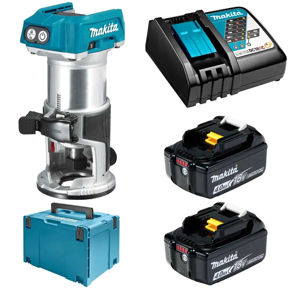 Фото Фрезер кромочный аккумуляторный Makita DRT50JX2RME, 18 В Li-Ion 2x4 Ач Фото Фрезер кромочный аккумуляторный Makita DRT50JX2RME, 18 В Li-Ion 2x4 Ач