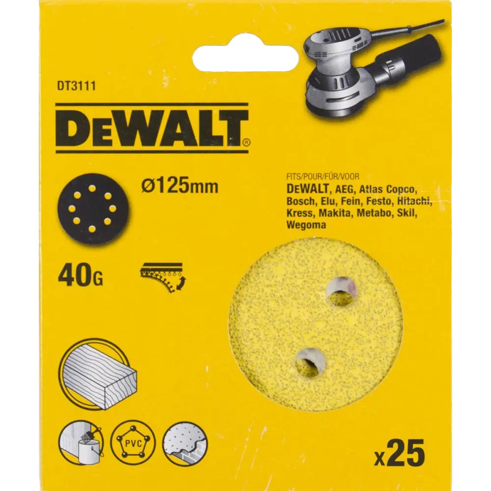 Фото Шлифовальные круги Dewalt DT3111-QZ, 8 отверстий 40G d 125 мм, 25 шт. Фото Шлифовальные круги Dewalt DT3111-QZ, 8 отверстий 40G d 125 мм, 25 шт.