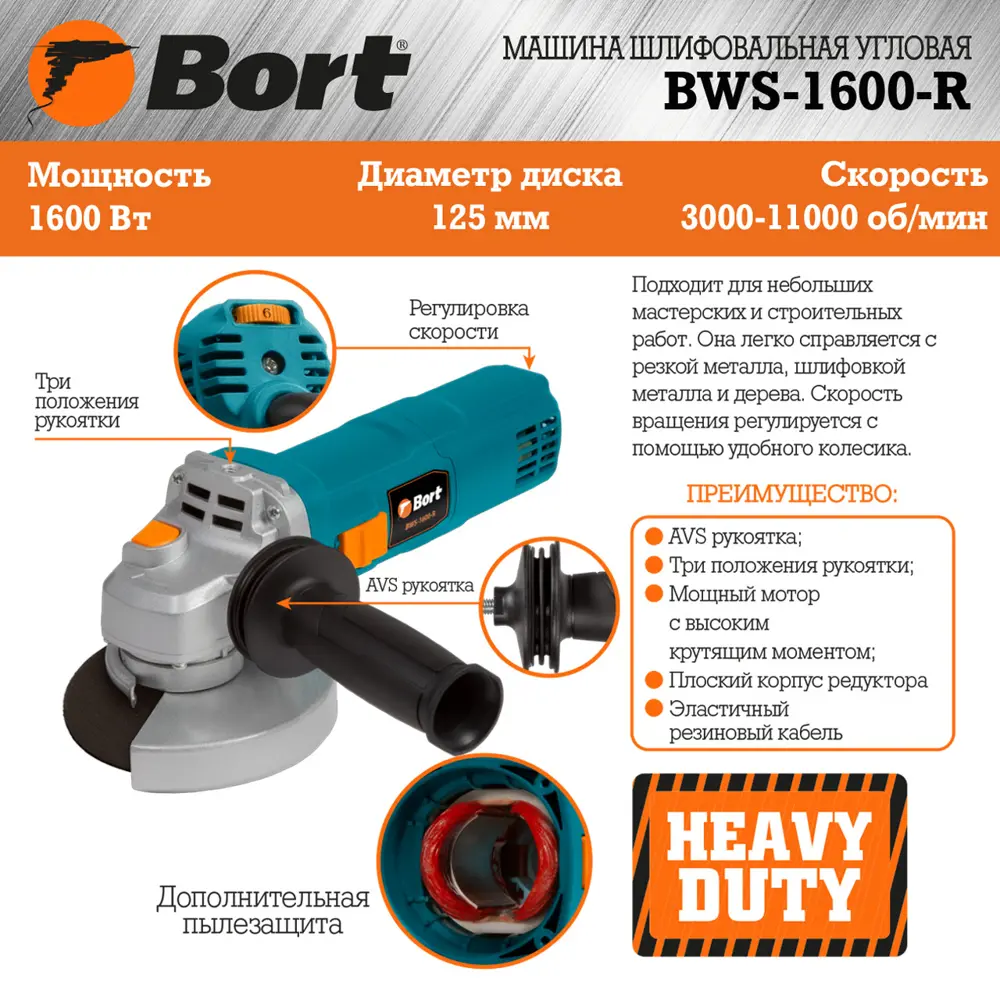 Фото 7 УШМ сетевая Bort BWS-1600-R 93411157, 1600 Вт, 125 мм Фото 7 УШМ сетевая Bort BWS-1600-R 93411157, 1600 Вт, 125 мм
