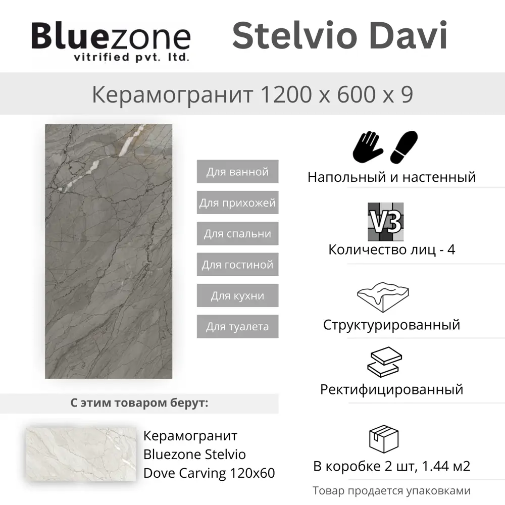 Фото 3 Керамогранит Bluezone Stelvio RP-185198 60x120см 0.72 м² цвет серый, цена за упаковку Фото 3 Керамогранит Bluezone Stelvio RP-185198 60x120см 0.72 м² цвет серый, цена за упаковку