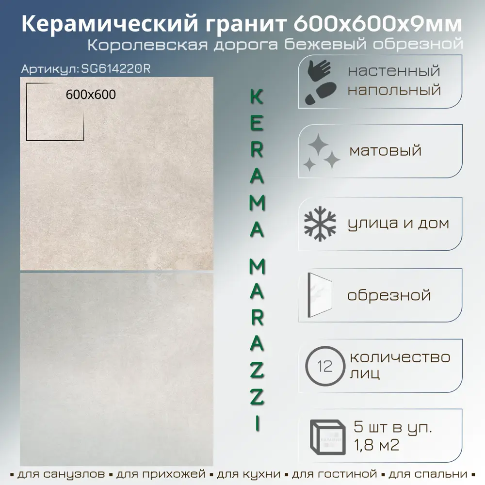 Фото Керамогранит Kerama marazzi SG614220R 60x60см 1.8 м² цвет бежевый, цена за упаковку