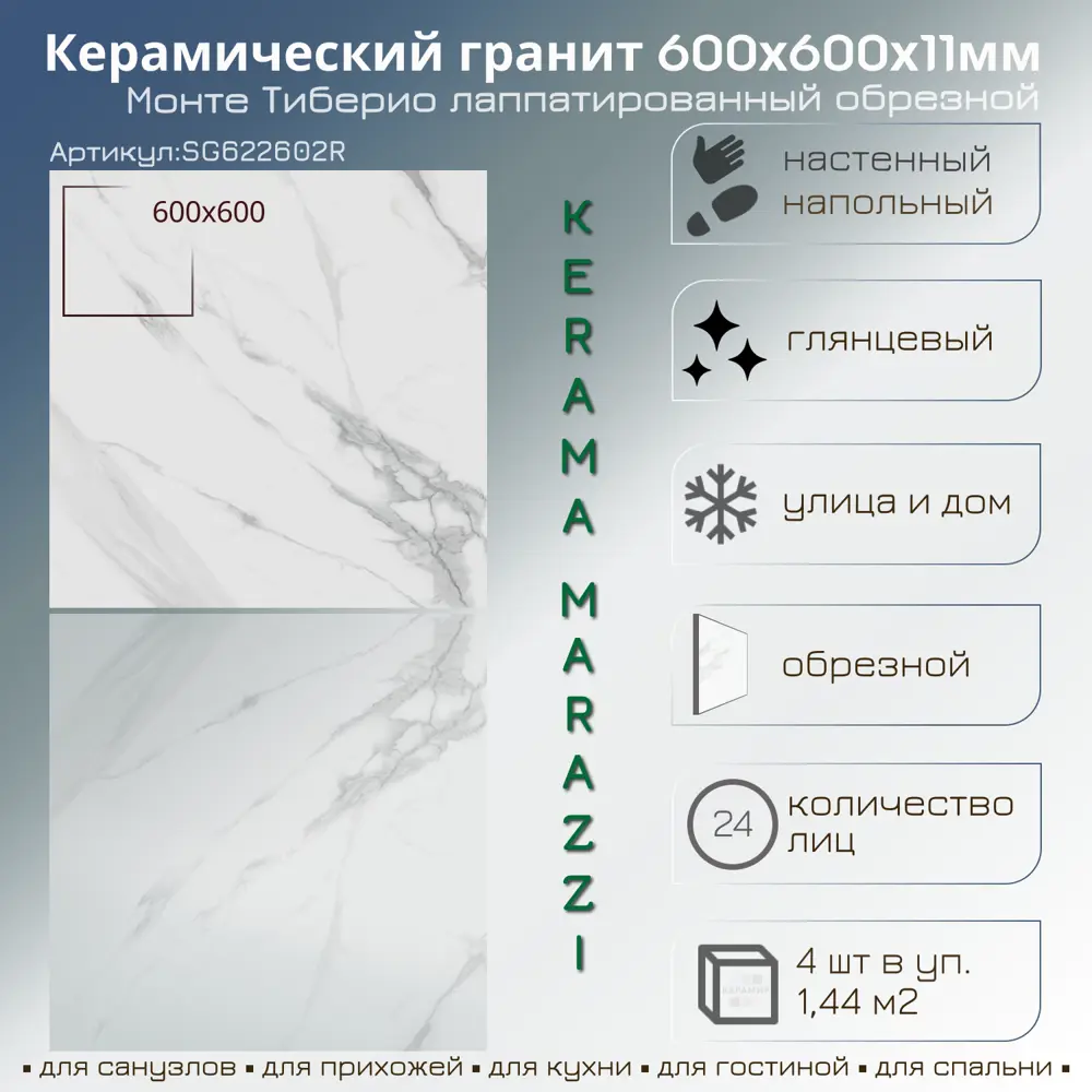 Фото Керамогранит Kerama marazzi SG622602R 285 60x60см 1.44 м² цвет белый, цена за упаковку Фото Керамогранит Kerama marazzi SG622602R 285 60x60см 1.44 м² цвет белый, цена за упаковку