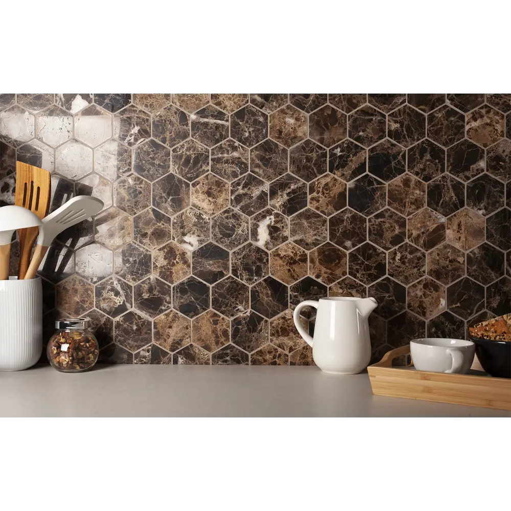 Фото 4 Декоративная мозаика Starmosaic Hexagon dark emperador polished 63x63 1236034 26x28.2см цвет Коричневый Фото 4 Декоративная мозаика Starmosaic Hexagon dark emperador polished 63x63 1236034 26x28.2см цвет Коричневый