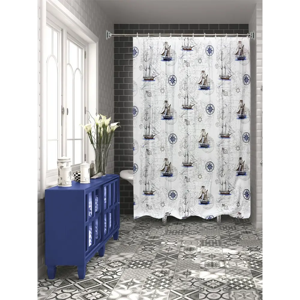 Фото Шторка для ванной комнаты Bath Plus Blue boats CH17049, 200x180 см Фото Шторка для ванной комнаты Bath Plus Blue boats CH17049, 200x180 см