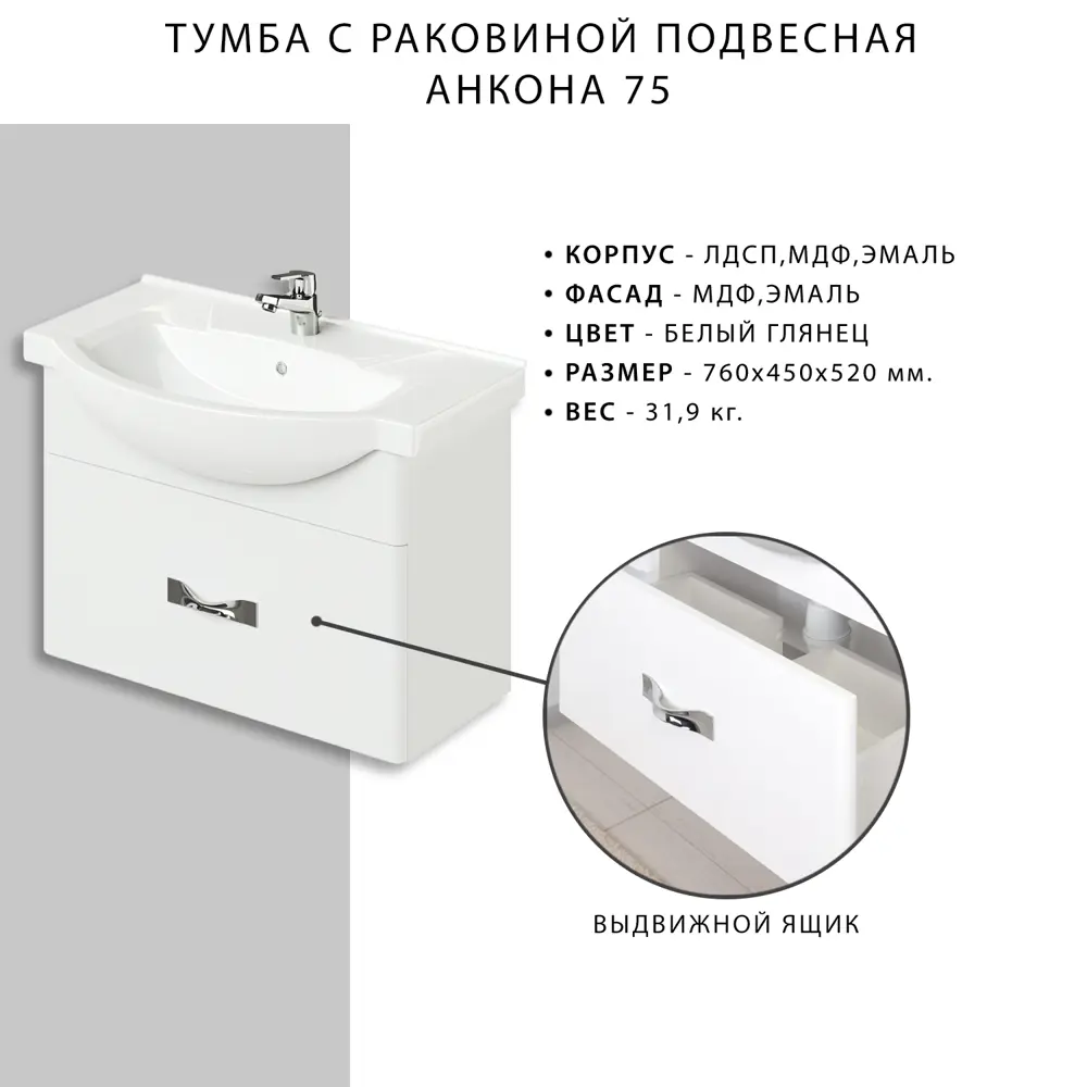 Фото 4 Тумба с раковиной подвесная Итана Анкона 75 750x440x520 Белый Фото 4 Тумба с раковиной подвесная Итана Анкона 75 750x440x520 Белый