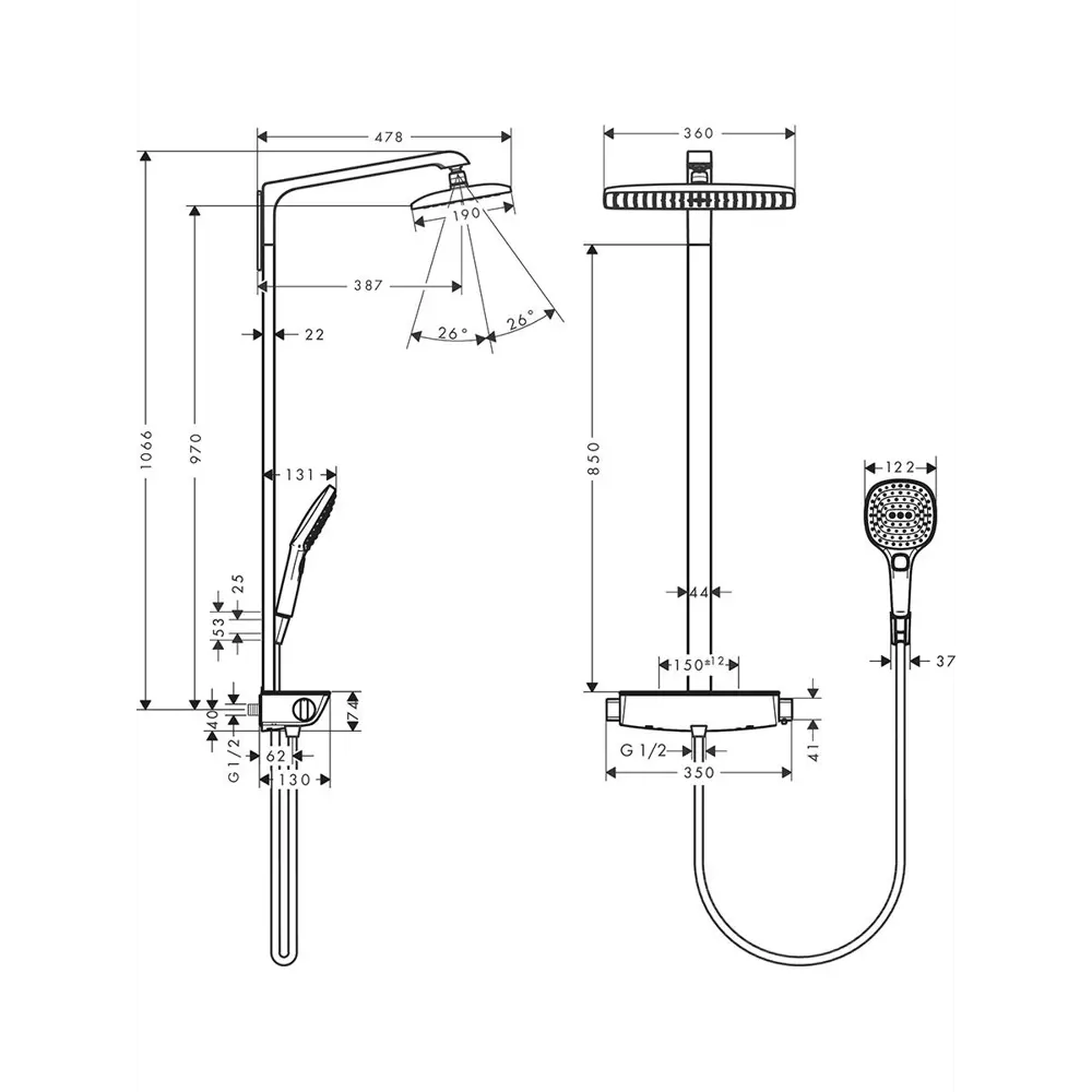 Фото 2 Душевая стойка Hansgrohe 27286400 Raindance Select E 3 режима цвет хром со смесителем Фото 2 Душевая стойка Hansgrohe 27286400 Raindance Select E 3 режима цвет хром со смесителем