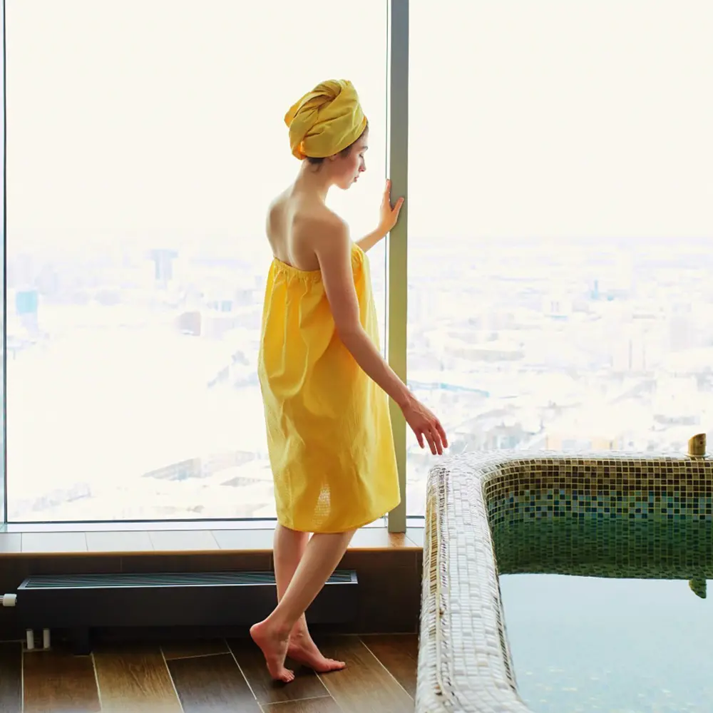 Фото 4 Набор для бани Spa day женское парео 80x150 чалма вафельная ткань цвет желтый Фото 4 Набор для бани Spa day женское парео 80x150 чалма вафельная ткань цвет желтый