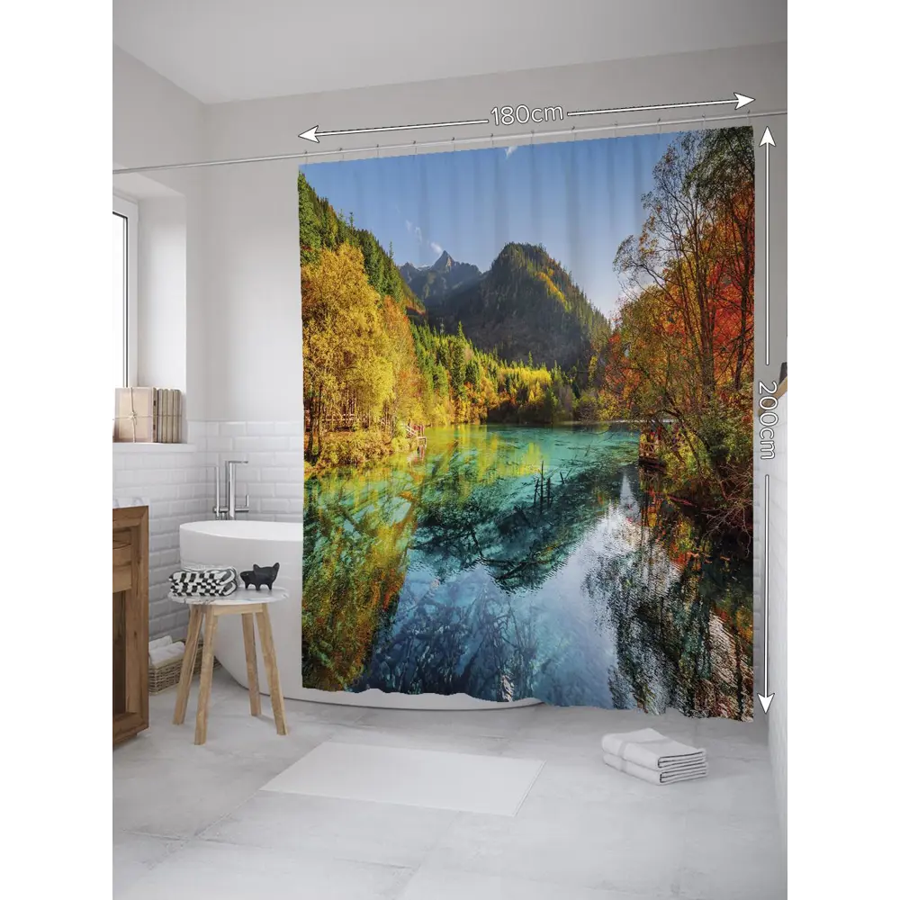 Фото Штора для ванной JoyArty "Водная гладь среди гор" из сатена, 180x200 см с крючками Фото Штора для ванной JoyArty "Водная гладь среди гор" из сатена, 180x200 см с крючками