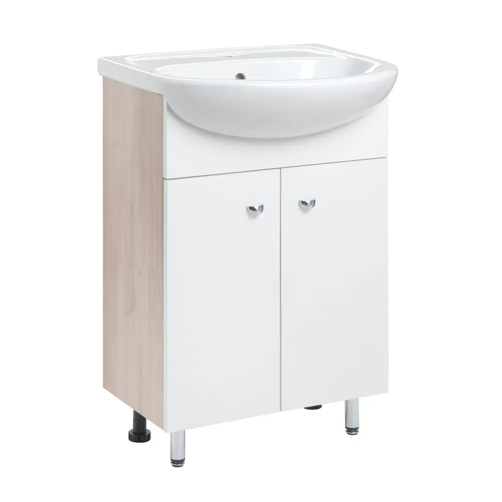 Фото Тумба на ножках Вега 55 Универсал 55 белая дуб кронберг, с раковиной Фото Тумба на ножках Вега 55 Универсал 55 белая дуб кронберг, с раковиной