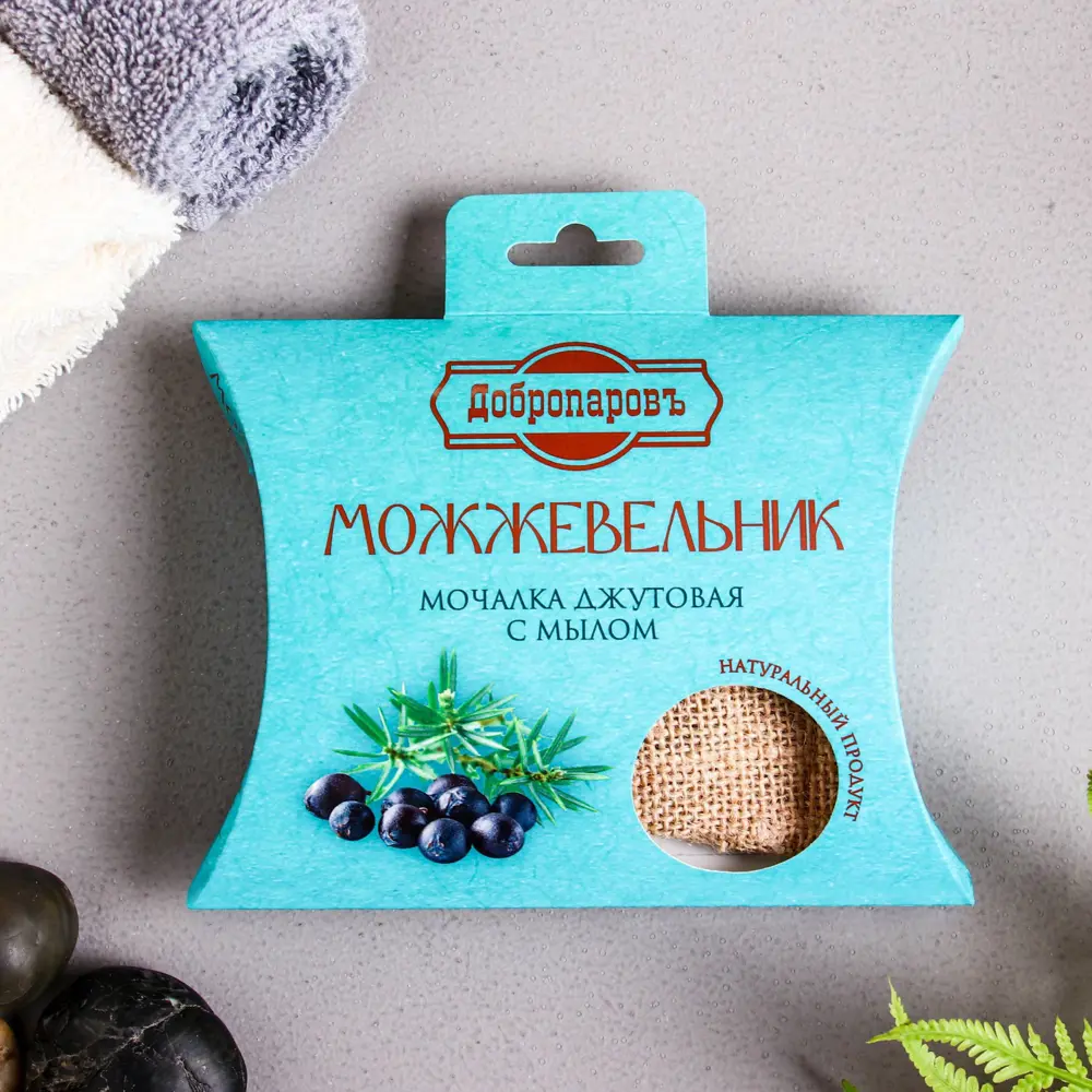 Фото Мочалка джутовая с мылом Можжевельник 110 г Фото Мочалка джутовая с мылом Можжевельник 110 г
