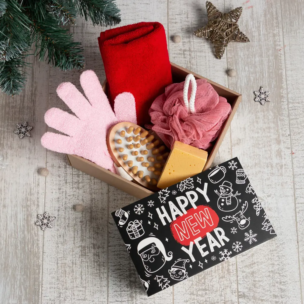 Фото Подарочный набор Этель Happy new year полотенце 30x60см и 5 аксессуаров Фото Подарочный набор Этель Happy new year полотенце 30x60см и 5 аксессуаров
