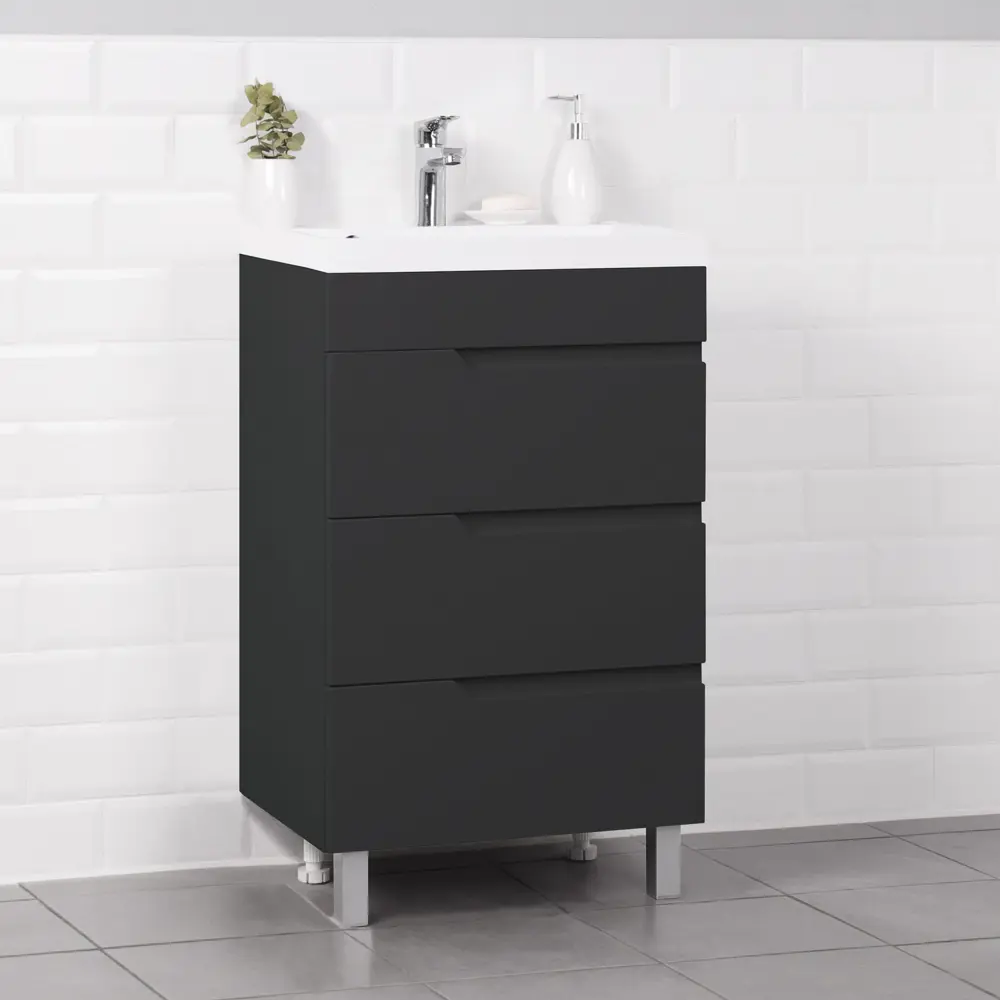 Фото 10 Тумба под раковину напольная Итана 4657784353608 49.4см цвет графит, с раковиной