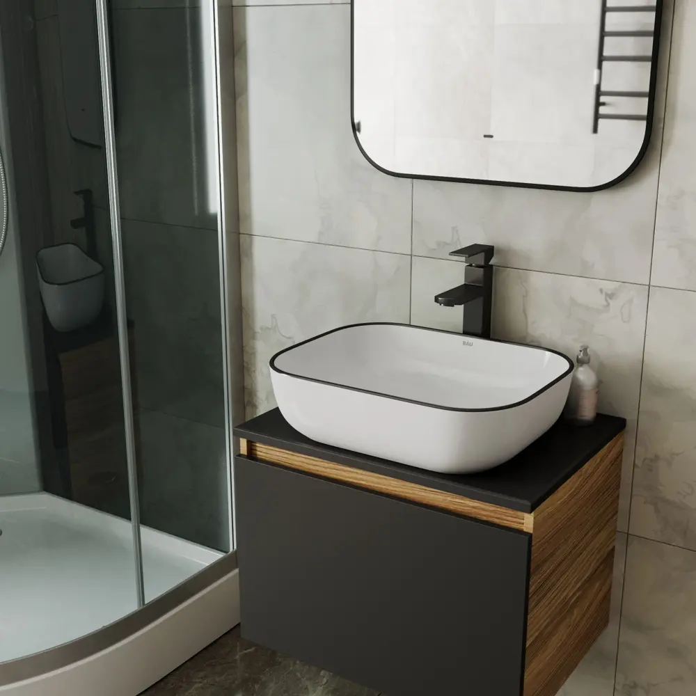 Фото 2 Раковина накладная Bauedge BAU Stil BH1130 50 см со смесителем цвет белый/черный Фото 2 Раковина накладная Bauedge BAU Stil BH1130 50 см со смесителем цвет белый/черный
