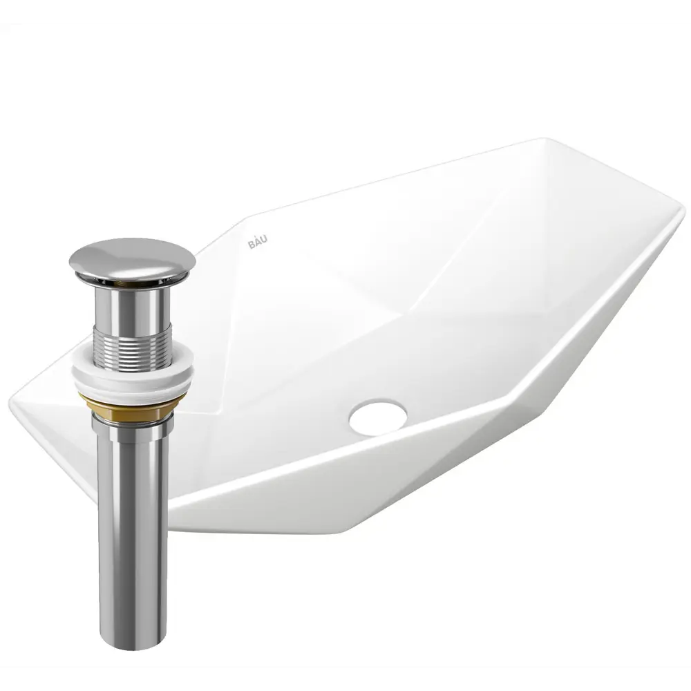 Фото Раковина накладная на столешницу Bauedge Crystal 64x40 белая выпуск клик-клак хром Фото Раковина накладная на столешницу Bauedge Crystal 64x40 белая выпуск клик-клак хром