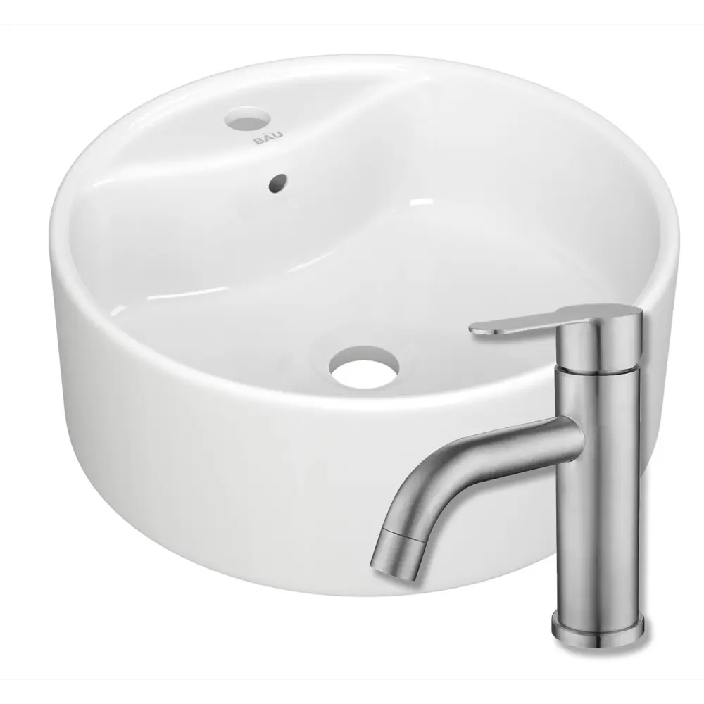 Фото Раковина накладная Bauedge BAU Element BH1221 40 см со смесителем цвет белый/серый металлик Фото Раковина накладная Bauedge BAU Element BH1221 40 см со смесителем цвет белый/серый металлик