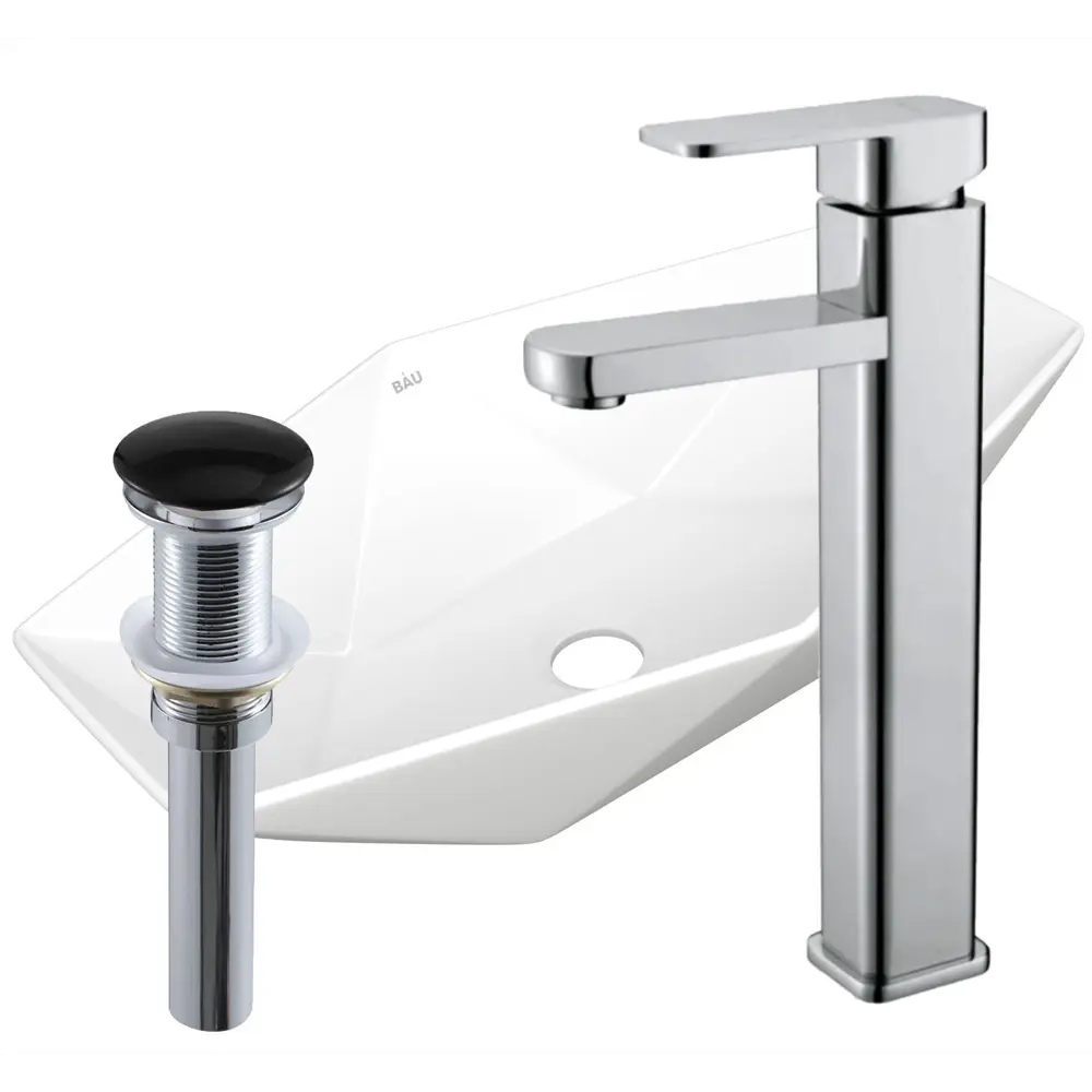 Фото Раковина накладная со смесителем и выпуском Bauedge Crystal 64x40 белая смеситель Hotel Still выпуск клик-клак черный Фото Раковина накладная со смесителем и выпуском Bauedge Crystal 64x40 белая смеситель Hotel Still выпуск клик-клак черный