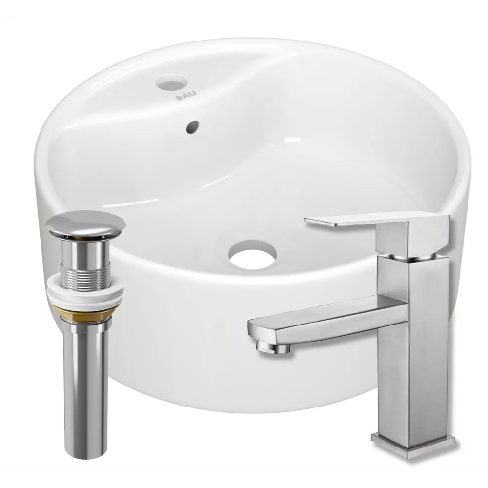 Фото Раковина накладная Bauedge BAU D40 BH1226 40 см со смесителем и выпуском цвет белый/серый металлик/хром Фото Раковина накладная Bauedge BAU D40 BH1226 40 см со смесителем и выпуском цвет белый/серый металлик/хром