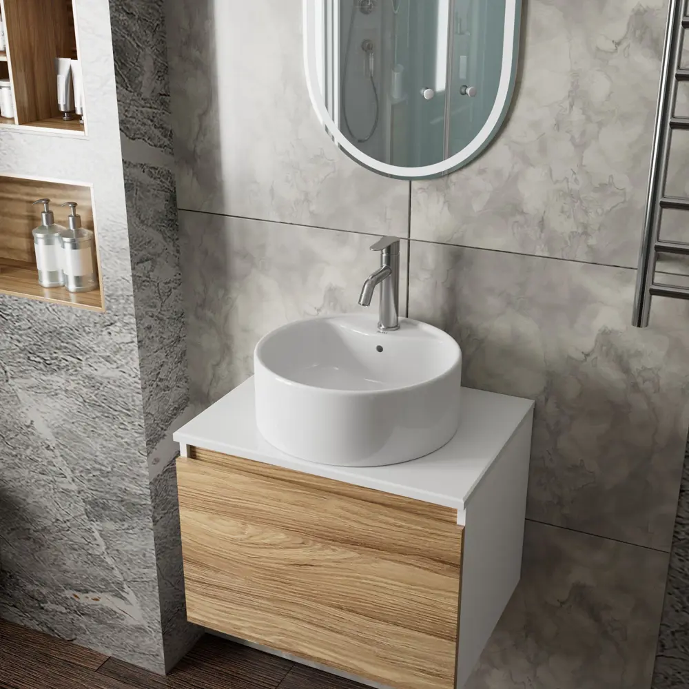 Фото 3 Раковина накладная Bauedge BAU D44 BH1231 40 см со смесителем и выпуском цвет белый/серый металлик Фото 3 Раковина накладная Bauedge BAU D44 BH1231 40 см со смесителем и выпуском цвет белый/серый металлик