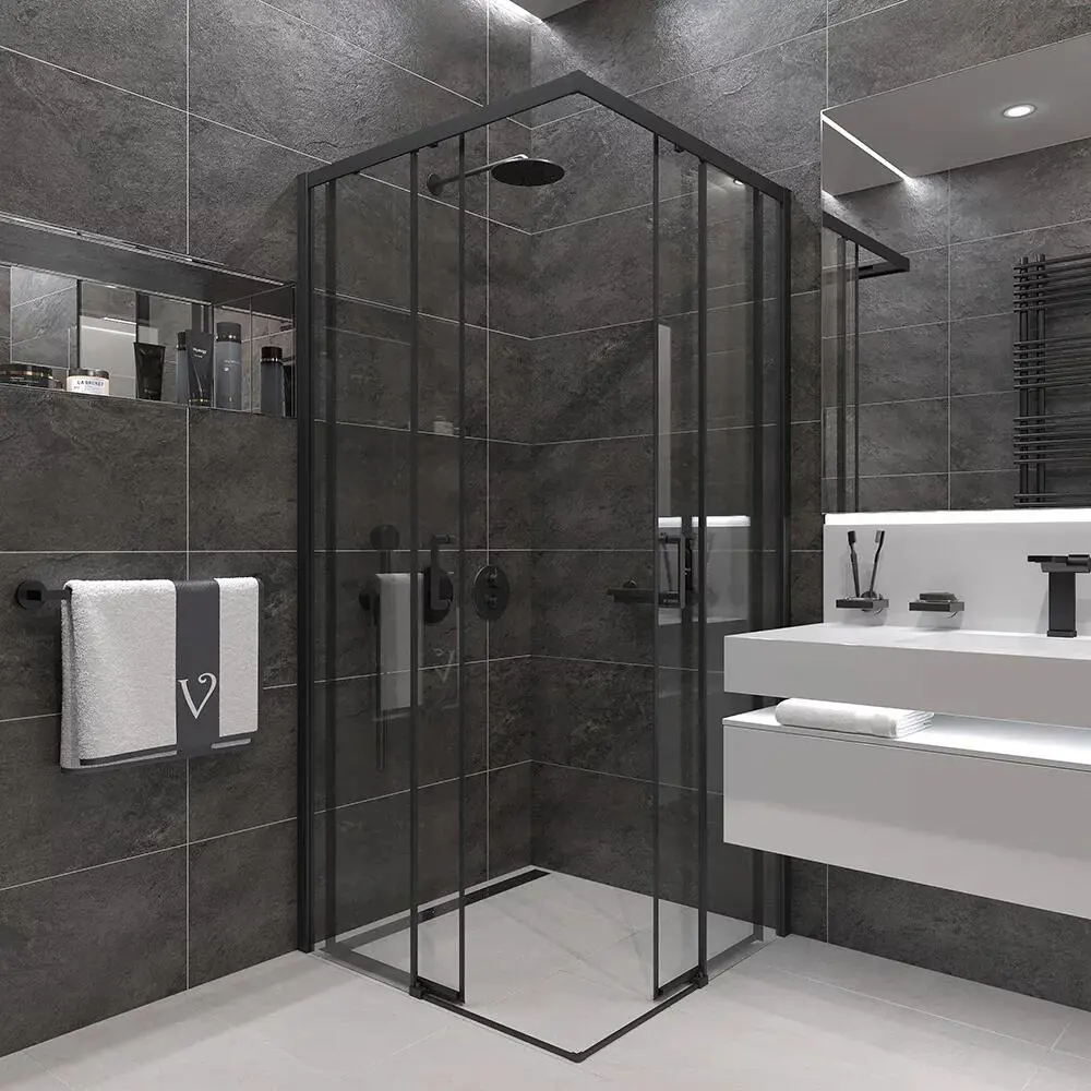 Фото 2 Душевой уголок Veconi RV47B-90-01-C4 прямоугольник 90x90см черный профиль эффект стекла прозрачный