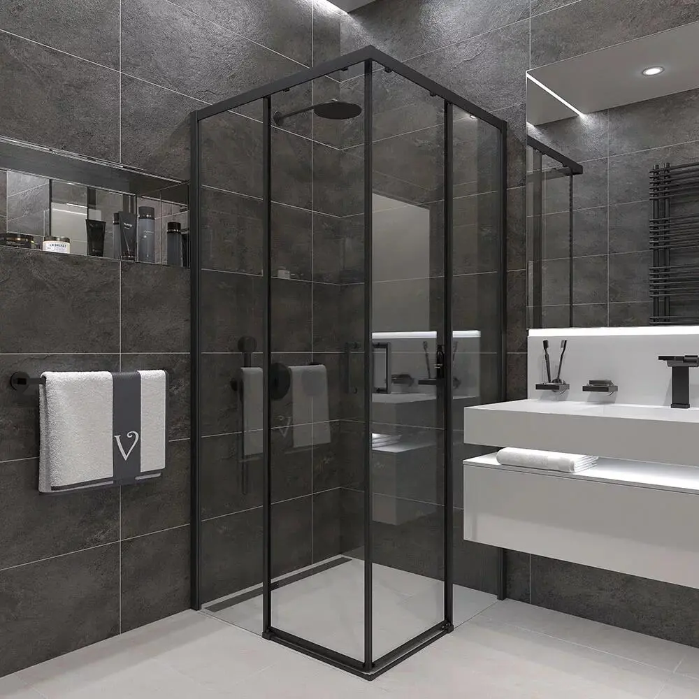Фото Душевой уголок Veconi RV47B-90-01-C4 прямоугольник 90x90см черный профиль эффект стекла прозрачный