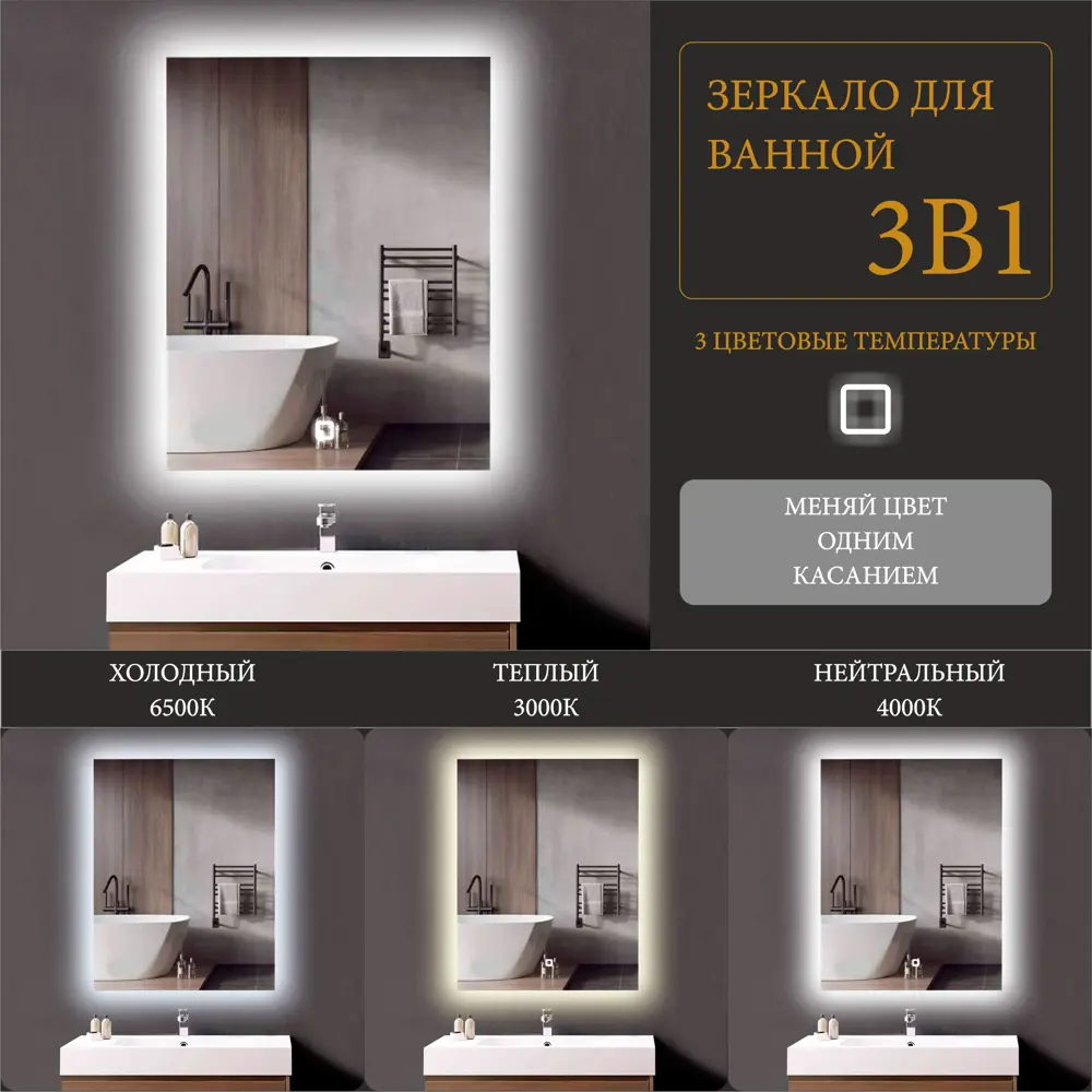 Фото Зеркало для ванной Alias Квартал 3в1 q60604 с подсветкой 60x60см Фото Зеркало для ванной Alias Квартал 3в1 q60604 с подсветкой 60x60см